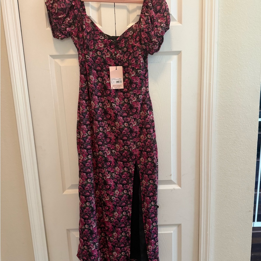 Missguided Pink Floral Midi Dress with Side Slit